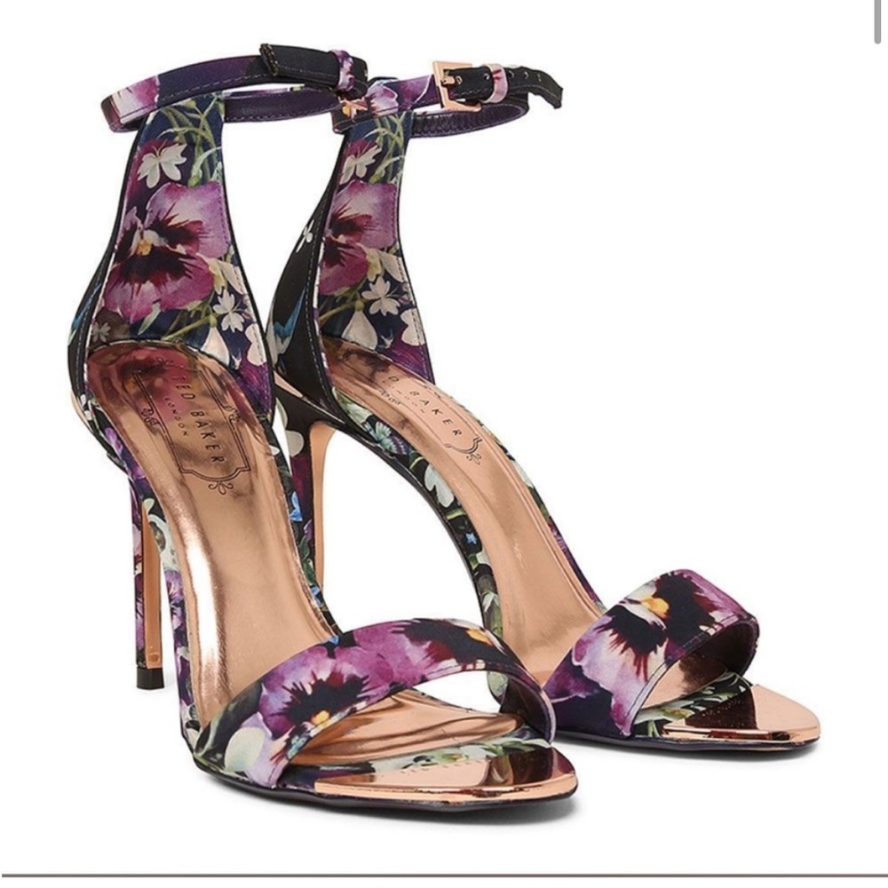 TED BAKER CHARV DARK FLORAL WOVAN BARELY-THERE HEELS IN NAVY size 40